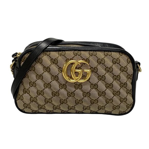 Auth GUCCI GG Marmont 447632 Beige Dark Brown Black Jacquard Leather - Picture 1 of 16